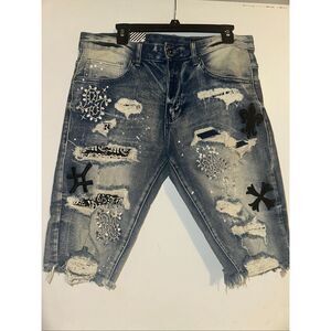 SMOKE RISE Mens 34 Embroidery Distressed Graffiti JEAN SHORTS Streetwear NWT NEW